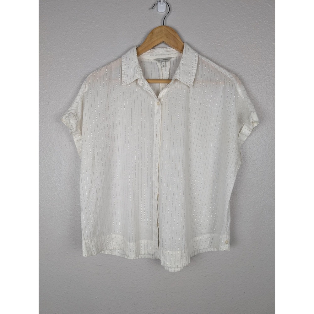 Lucky Brand Shirt Womens Small White Button Front Short Sleeve Metallic Stripe